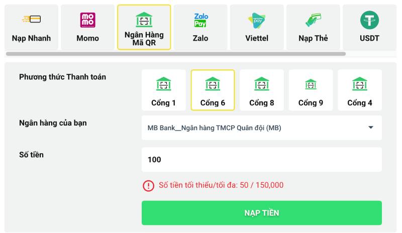 Nạp tiền qua ngân hàng mã QR